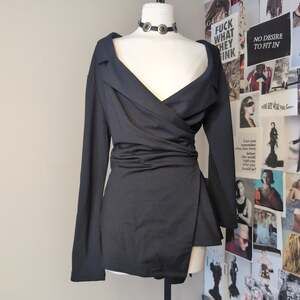 Pearl-Embellished Slit Sleeve Faux Wrap Top